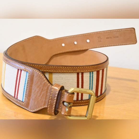BALLY Stripe Canvas Leather Wide Waist Belt 34 - Picture 3 of 8